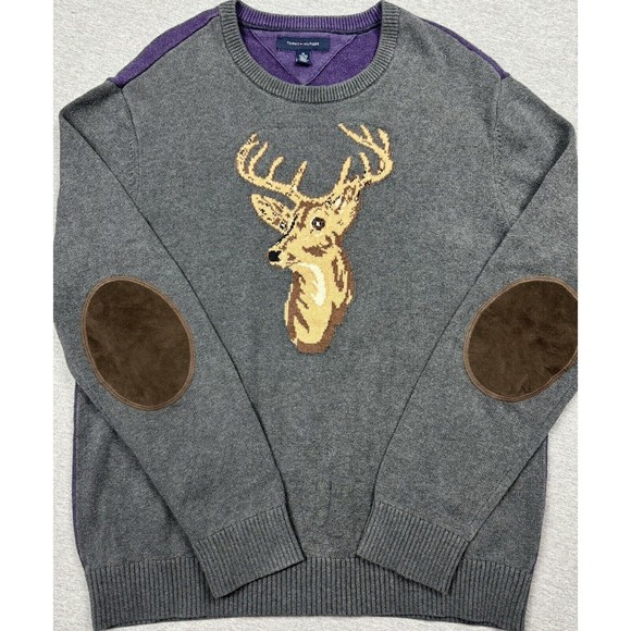 Tommy Hilfiger Other - Tommy Hilfiger Deer Sweater Mens Large Elbow Patches Gray Purple Embroidered